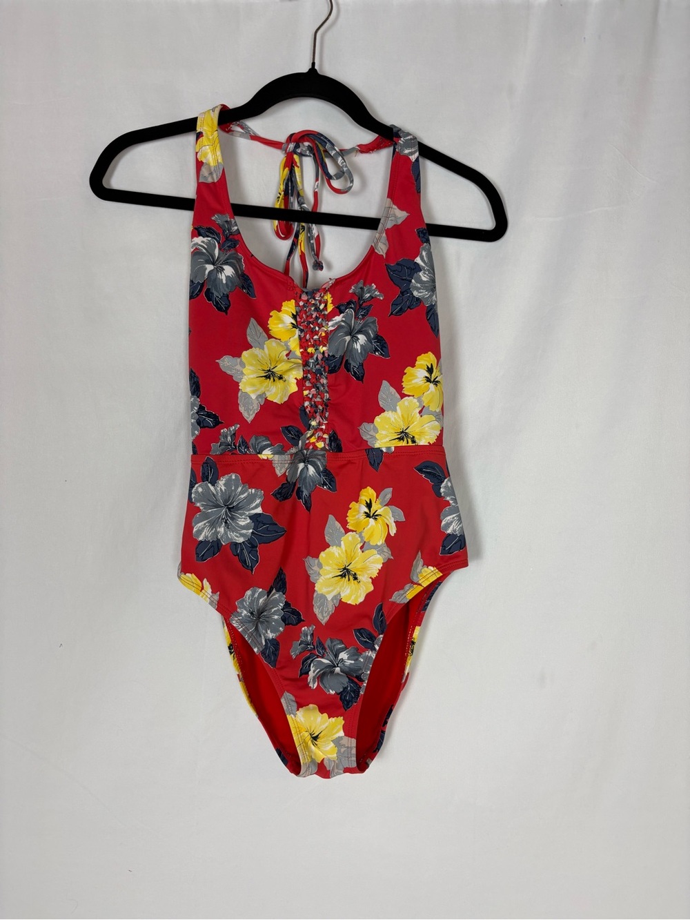 Ambrielle Red Floral One-Piece with Yellow & Gray Blooms